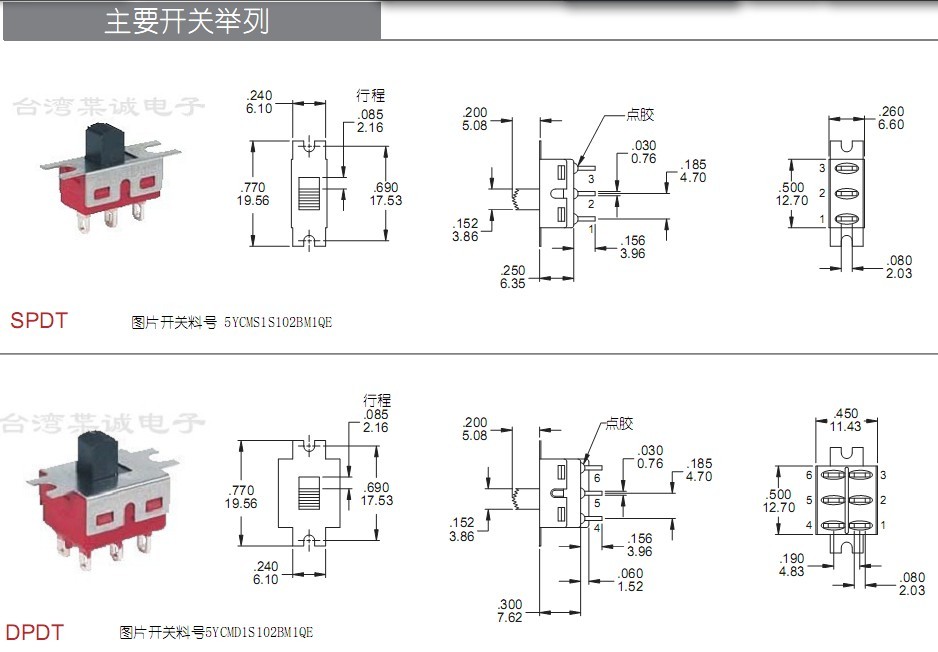 小型滑动开关尺寸图 小型滑动开关尺寸图
