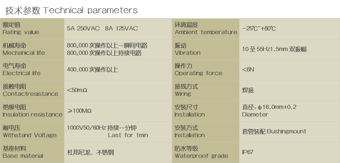 防水按键开关参数 防水按键开关参数